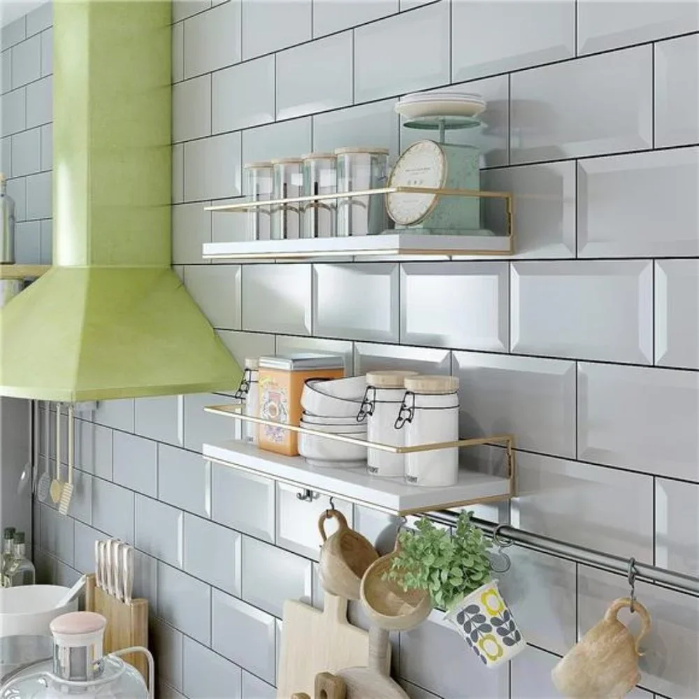 White Floating Shelves - Set of 2 Wall Mounted Hanging Shelves Golden Towel Rack
